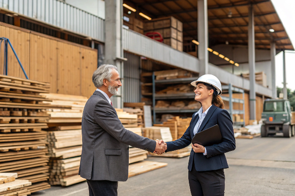 A handshake deal being made in front of a warehouse stacked with building materials